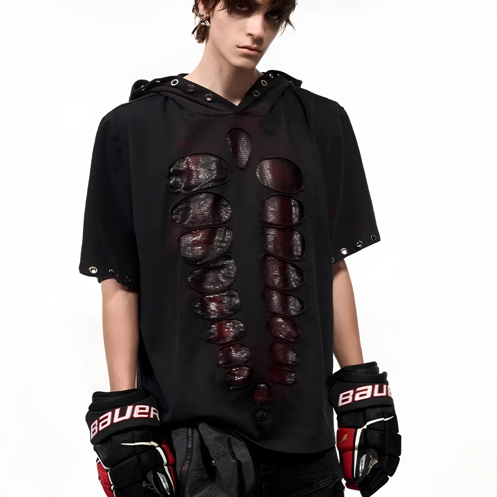 Black men's hooded short-sleeve t-shirt with scattered sequins on loose-fit casual design