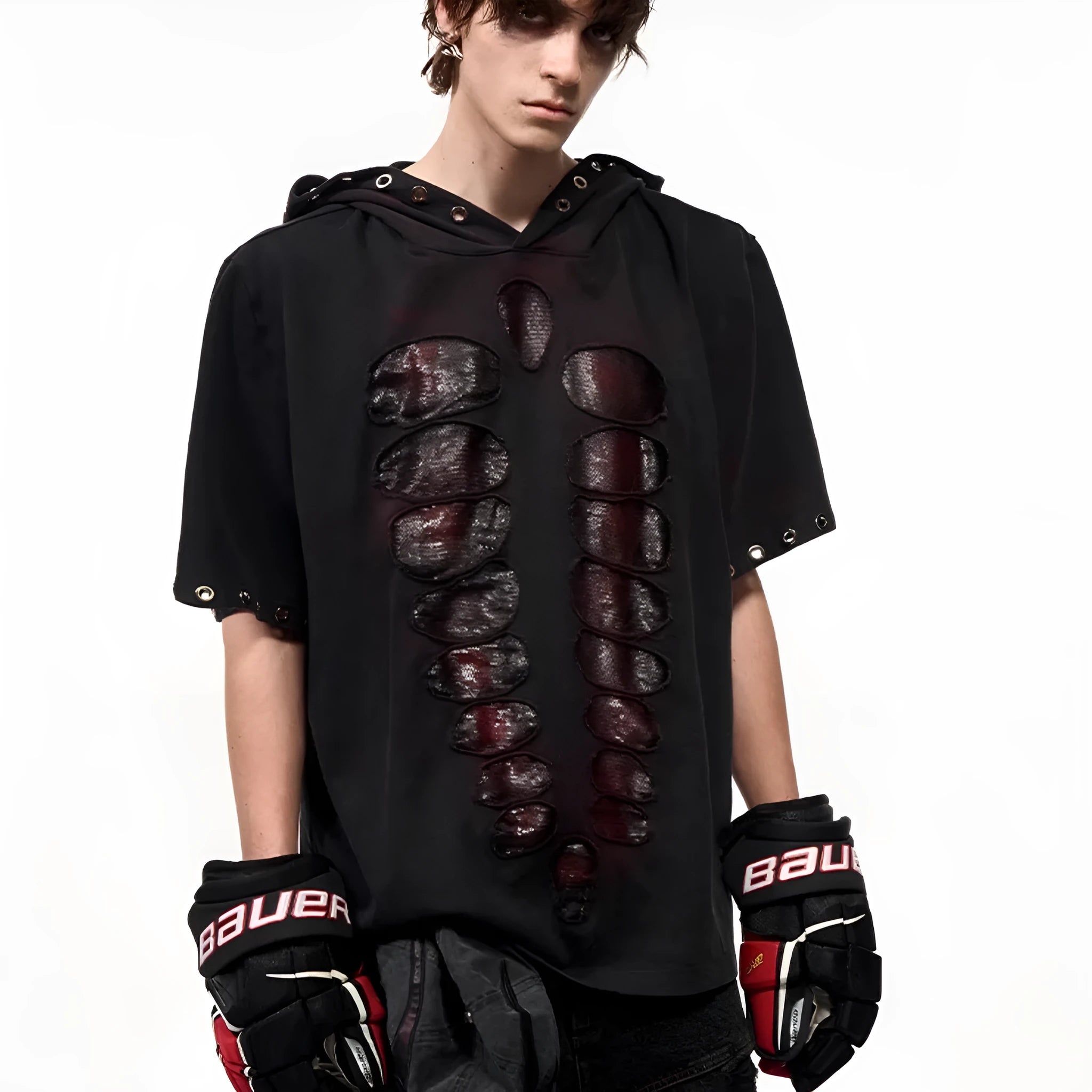 Black men's hooded short-sleeve t-shirt with scattered sequins on loose-fit casual design