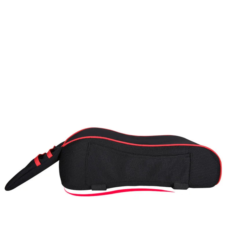 Sports knitted fabric car armrest box pad in Black Red colour on a car centre console. Measures 16x30cm.