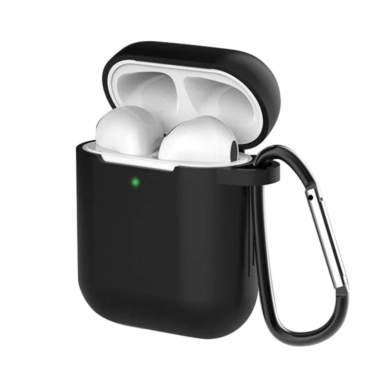 Liquid silicone clam-shell cover for Apple AirPods 1st and 2nd generation charging case.