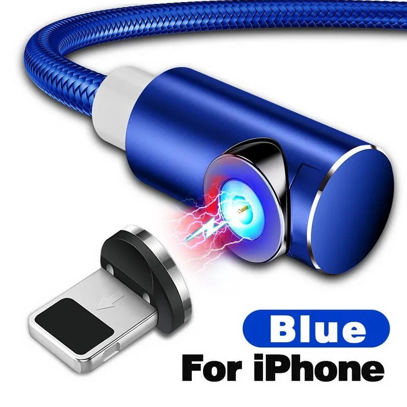 Black L-shape magnetic charging cable with aluminium housing and Micro USB, Type-C, and Lightning magnetic tips.