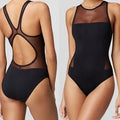 Women's black retro wave high waist Siamese swimsuit with triangle top on model, polyester acrylic blend