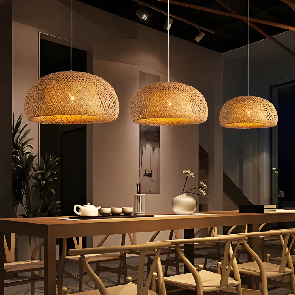 Brown bamboo woven pendant light with E27 base measuring 180x300mm