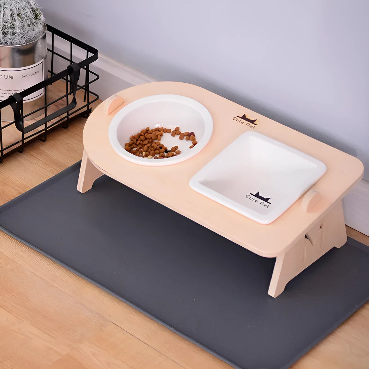 Ceramic pet bowl with dining table stand for cats and small dogs, single or double bowl style