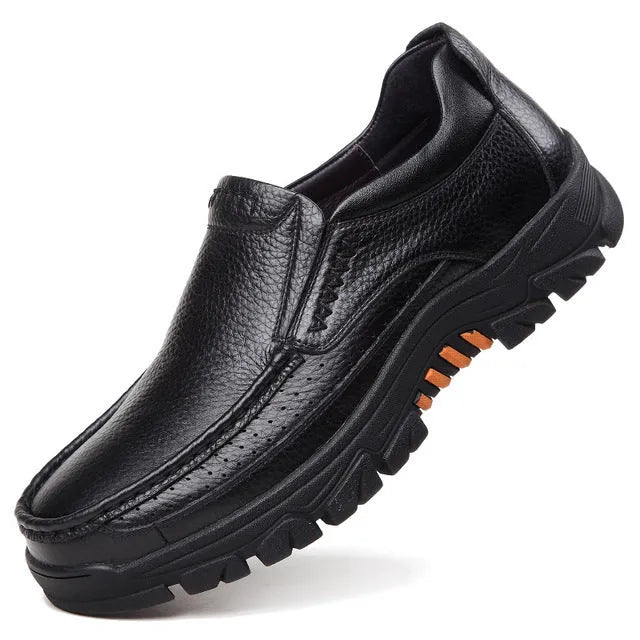 Men's black leather slip-on business casual shoes with a rubber sole