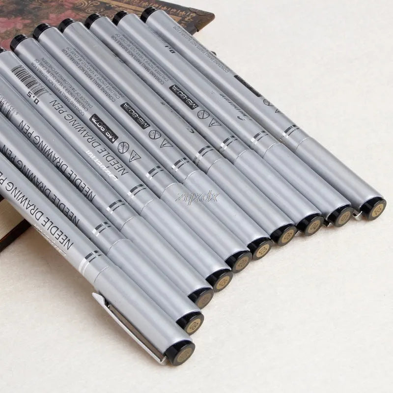 10-piece micron needle drawing pen set with black waterproof pigment ink and tip sizes 005 to 20