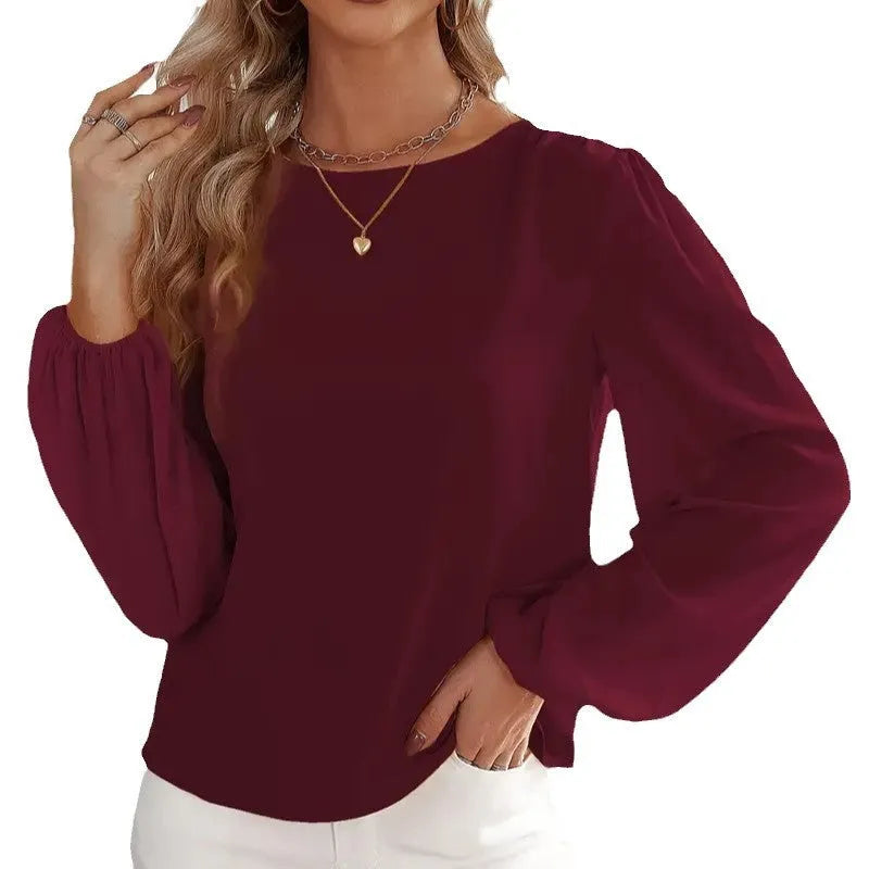 Solid colour women's round neck long sleeve top in wine red with button detail