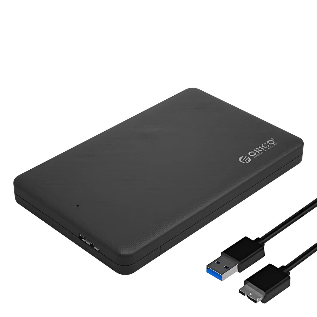 ORICO 2577U3 black external hard drive enclosure with USB 3.0 interface on a desk