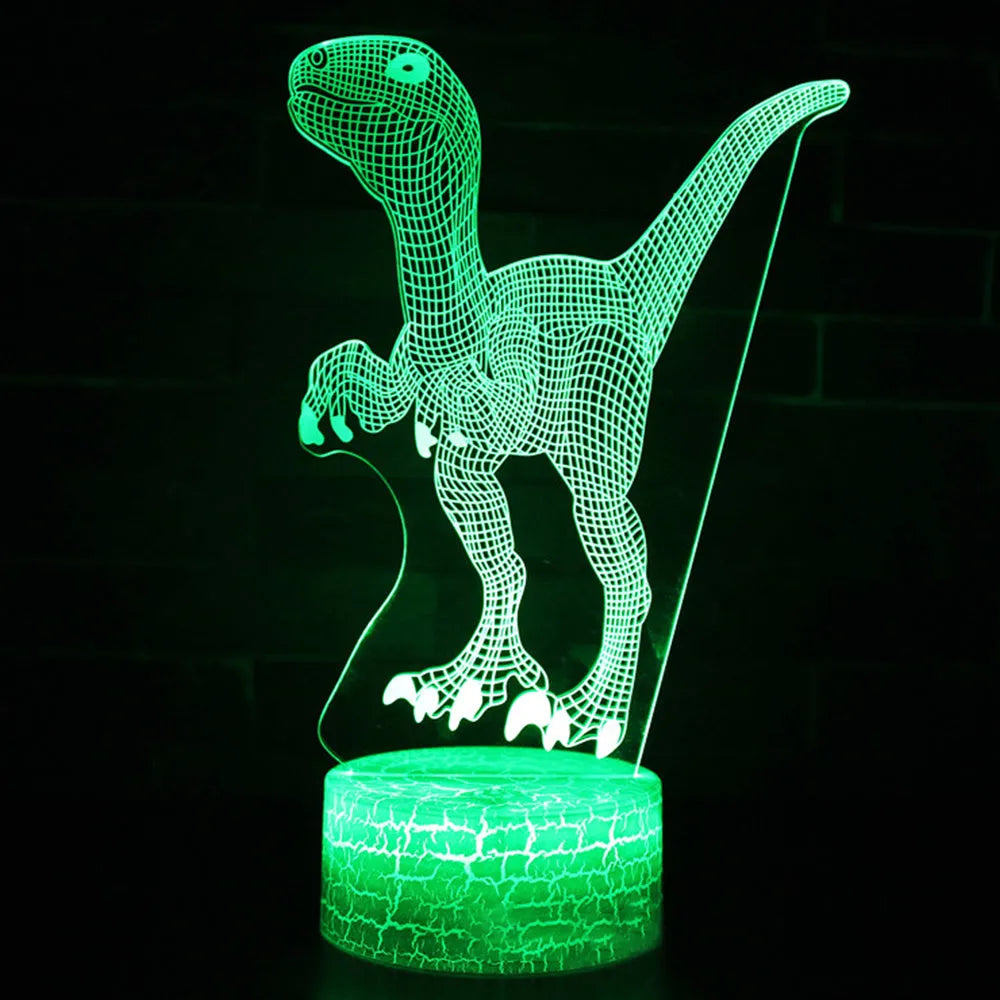 Colourful dinosaur 3D night light with acrylic plate on ABS base, showing remote control.