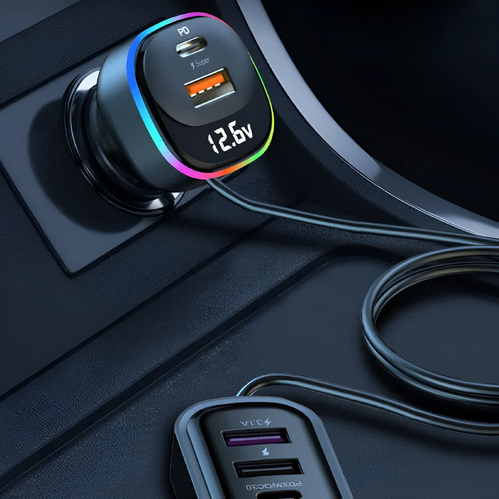 Black plastic YQ5 multi-function car charger with super fast charge plugged into a car socket