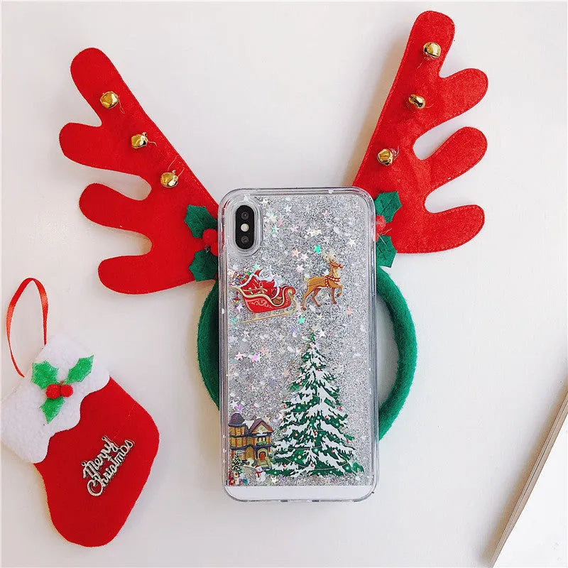 Christmas quicksand design iPhone case showing transparent double layer TPU and PC construction
