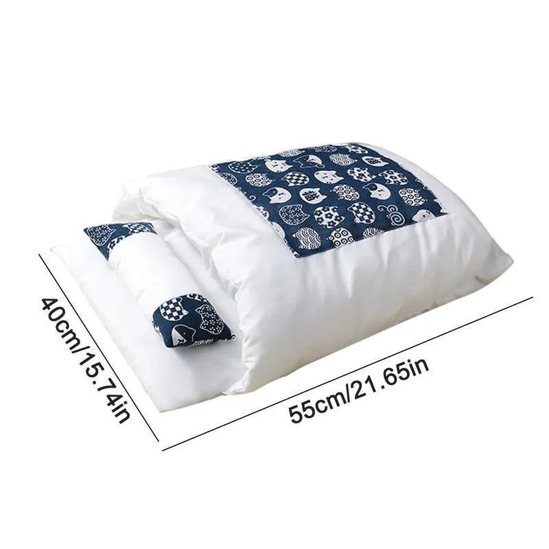 Grey removable sleeping bag cat bed with pillow shown in large size for pets up to 6 kg