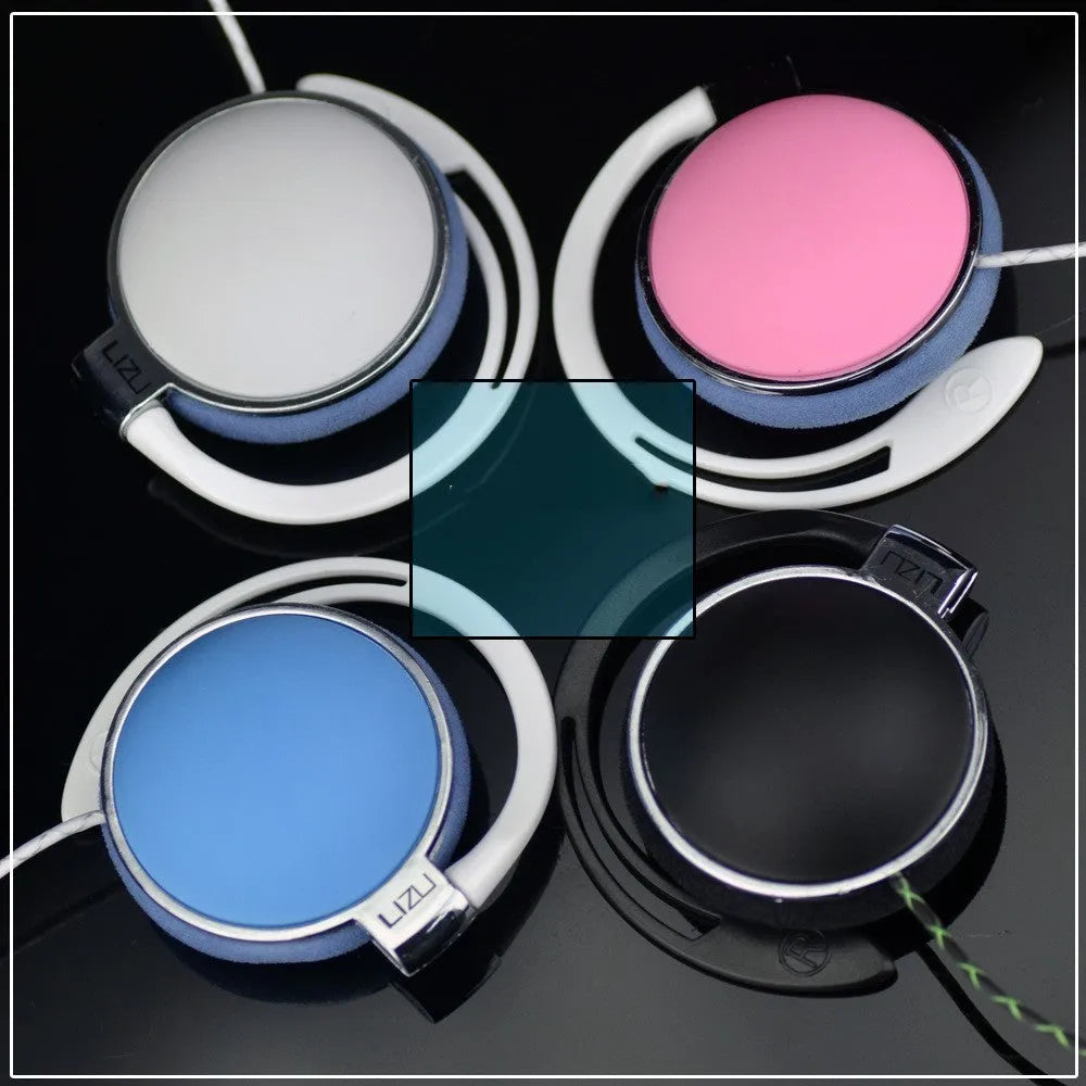 Wired ear-hook headphones with 3.5mm plug, 30mm driver, black sponge earpads, and TPE cable