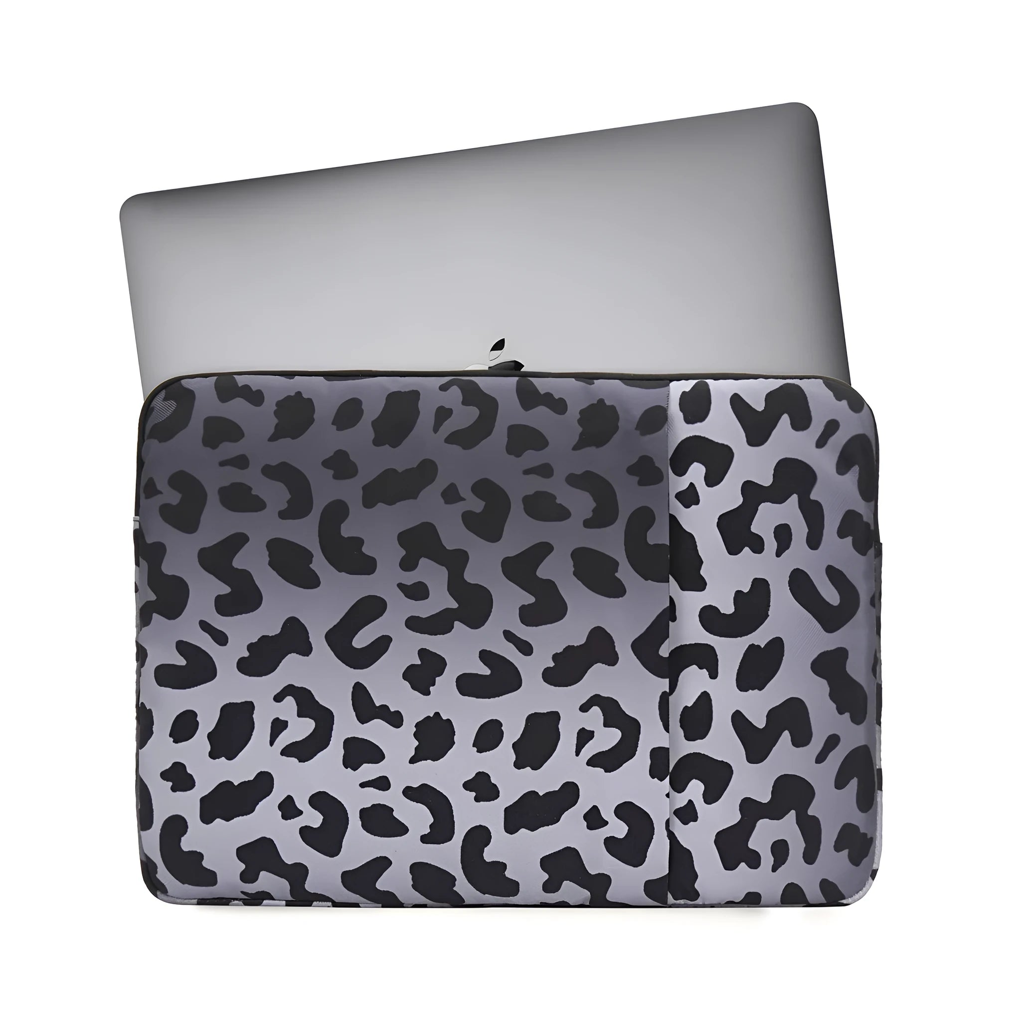 Leopard print laptop sleeve showing anti-shock flannel interior and waterproof polyester exterior for 13-16 inch laptops