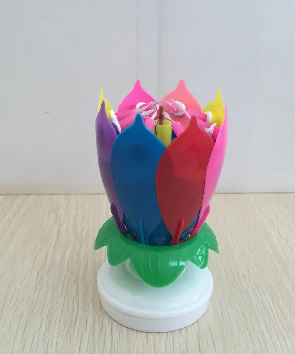 Set of eight musical lotus candles in lotus flower shape, 11cm diameter, available in yellow, rose red, purple, blue, red