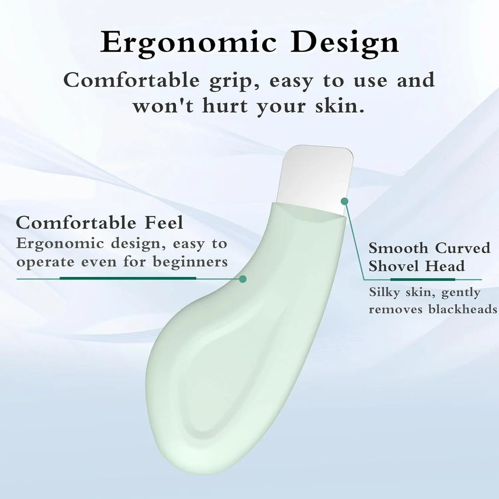 Stainless steel facial pore scraper tool with a non-slip handle for blackhead removal.
