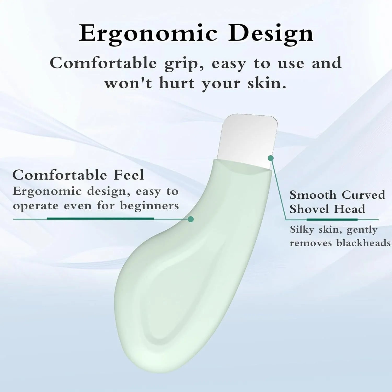 Stainless steel facial pore scraper tool with a non-slip handle for blackhead removal.