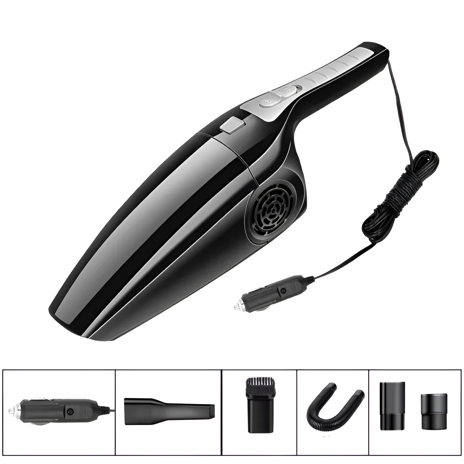 Black and orange Hypa handheld car vacuum cleaner with cigarette lighter plug.