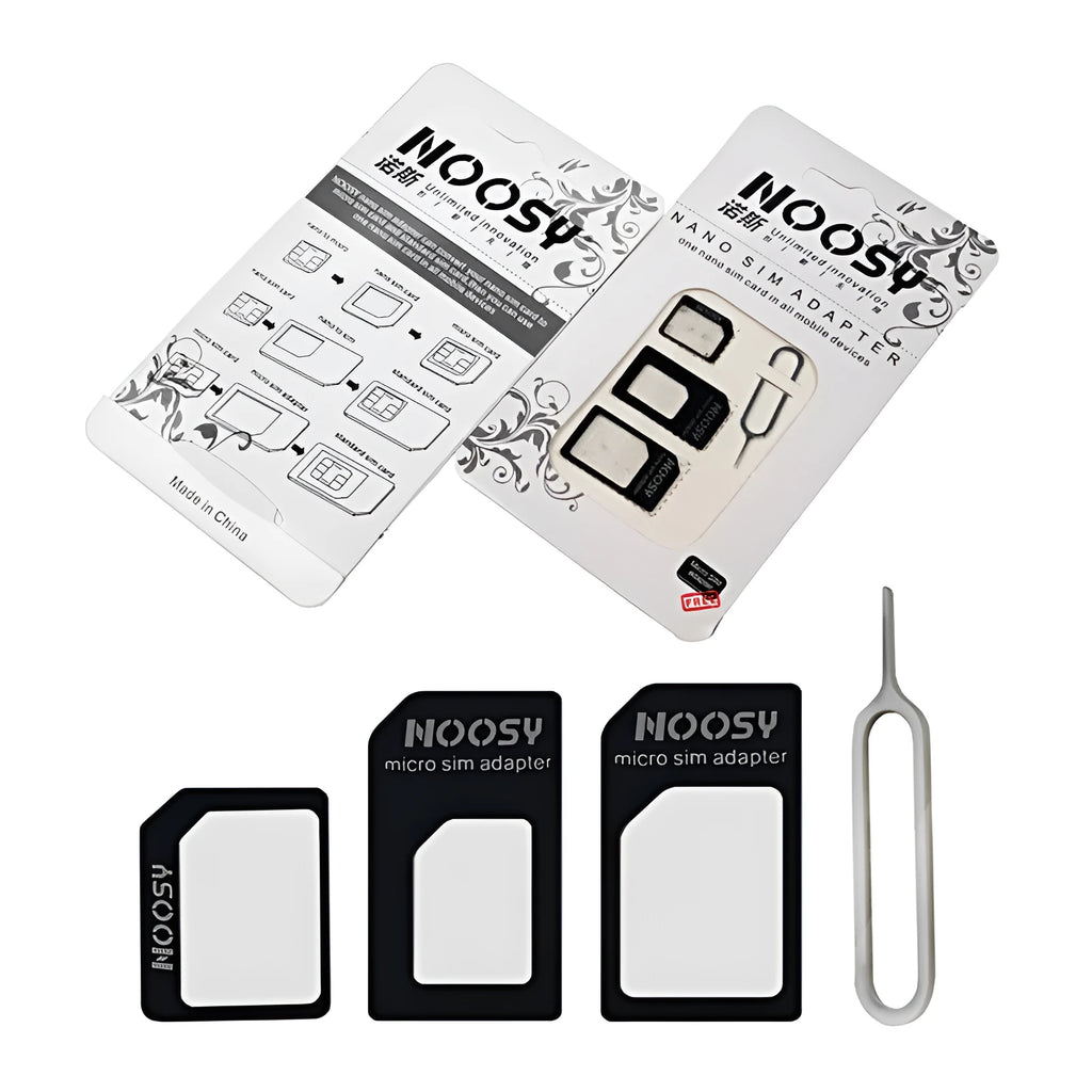Three-piece SIM card kit showing nano, micro, and standard sizes in black and white colours.