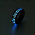 Blue Chinese dragon pattern fluorescent titanium steel ring on white background, epoxy finish, size 10
