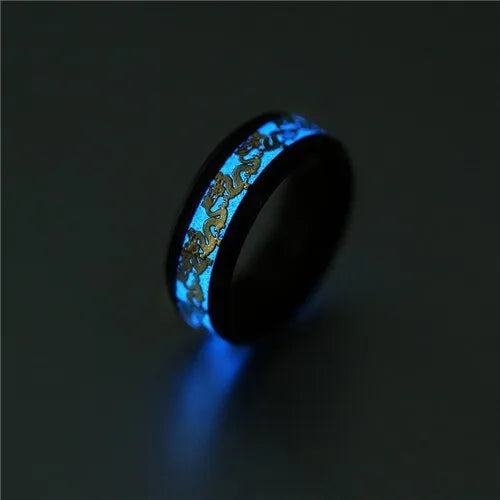 Blue Chinese dragon pattern fluorescent titanium steel ring on white background, epoxy finish, size 10