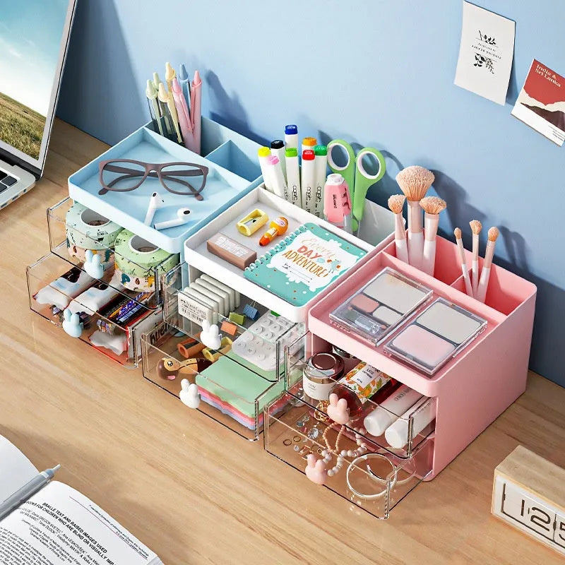 Transparent partitioned desktop storage box with drawer and internal grids in cherry blossom pink colour