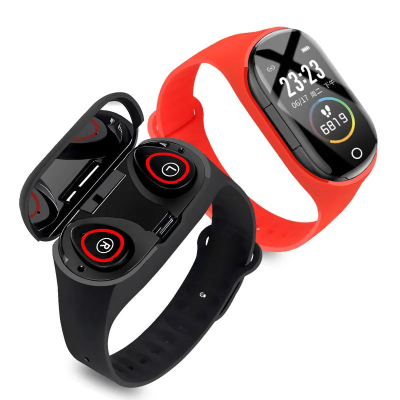 Smart bracelet with integrated wireless earphones showing 1-inch colour touchscreen on silicone wristband