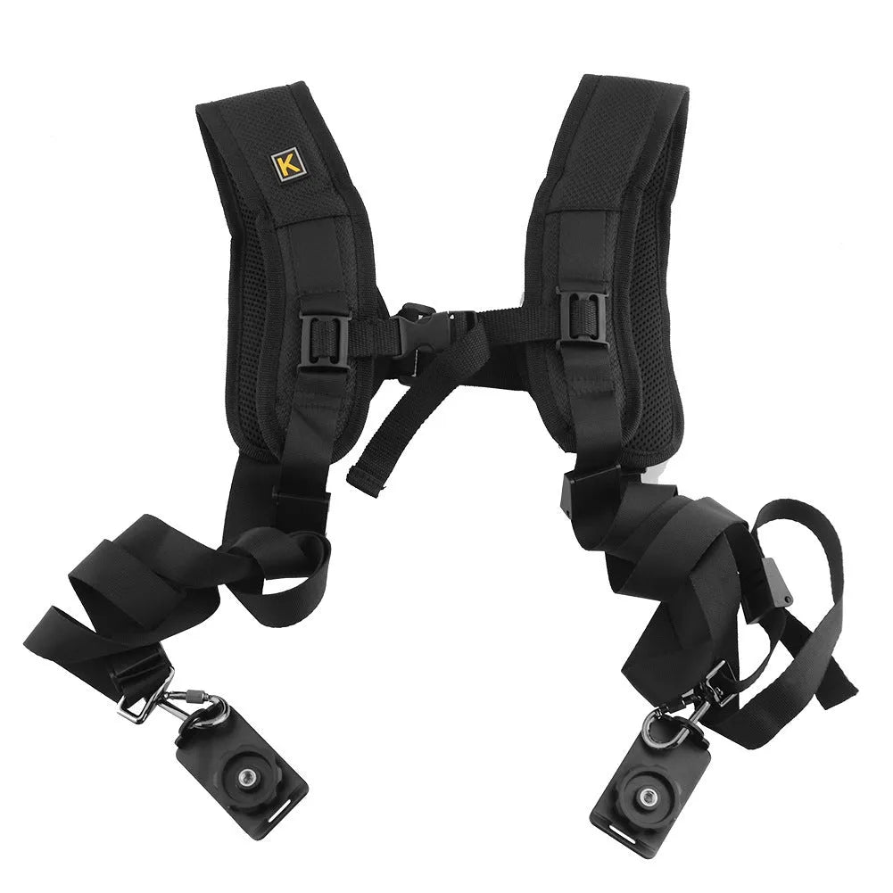 Black professional dual shoulder strap for two SLR cameras with thick sponge padding