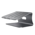 Aluminium laptop cooling bracket with rotary adjustment in silver or grey colour.