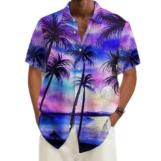 Men's printed casual polyester shirt on a hanger, showing one of the available colour options.