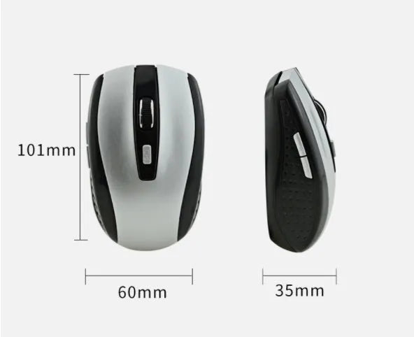 2.4G optical wireless mouse with 1000dpi sensor, six buttons, and four-way roller in black colour