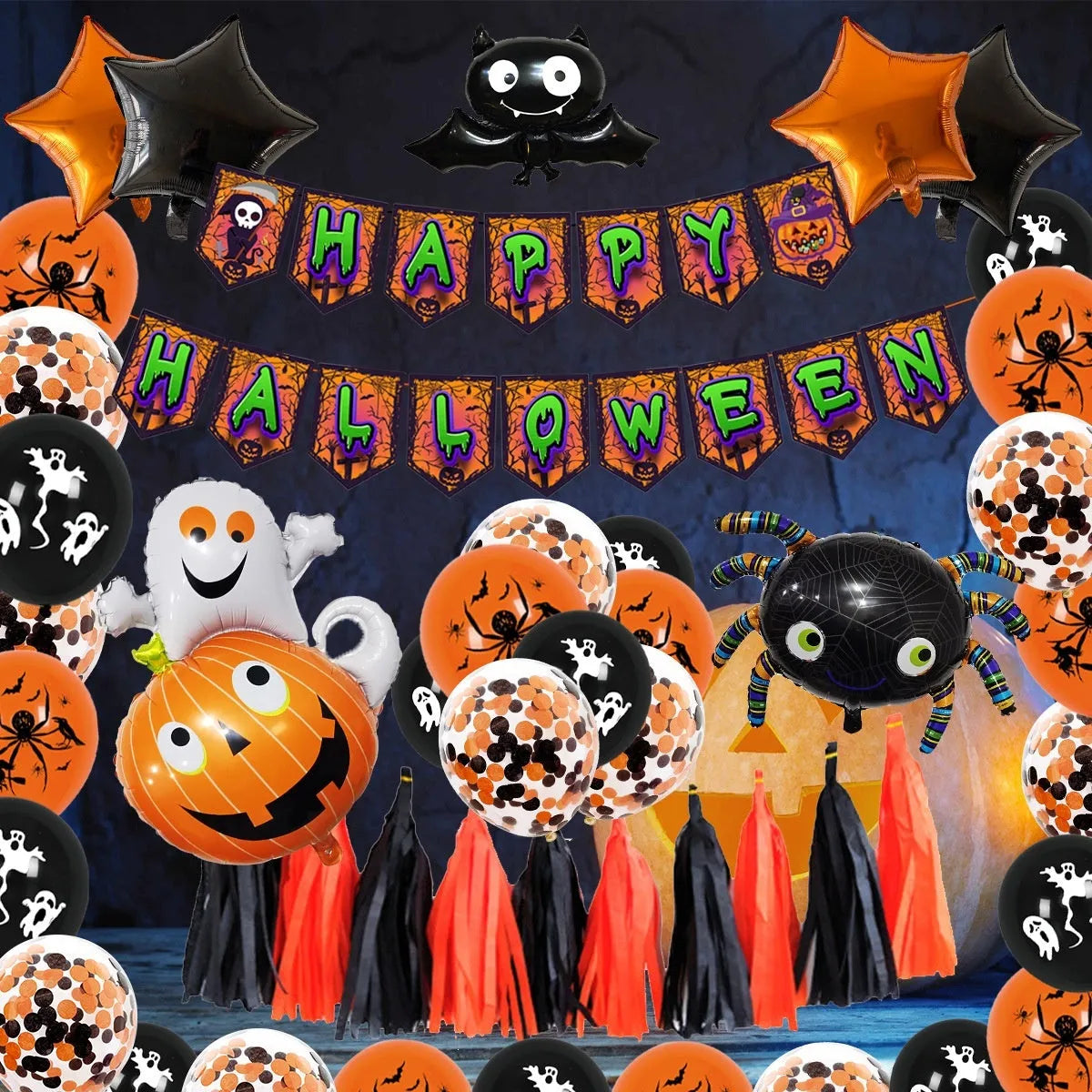 Halloween latex balloon set with black and white skull and pumpkin designs including spider balloon arch element