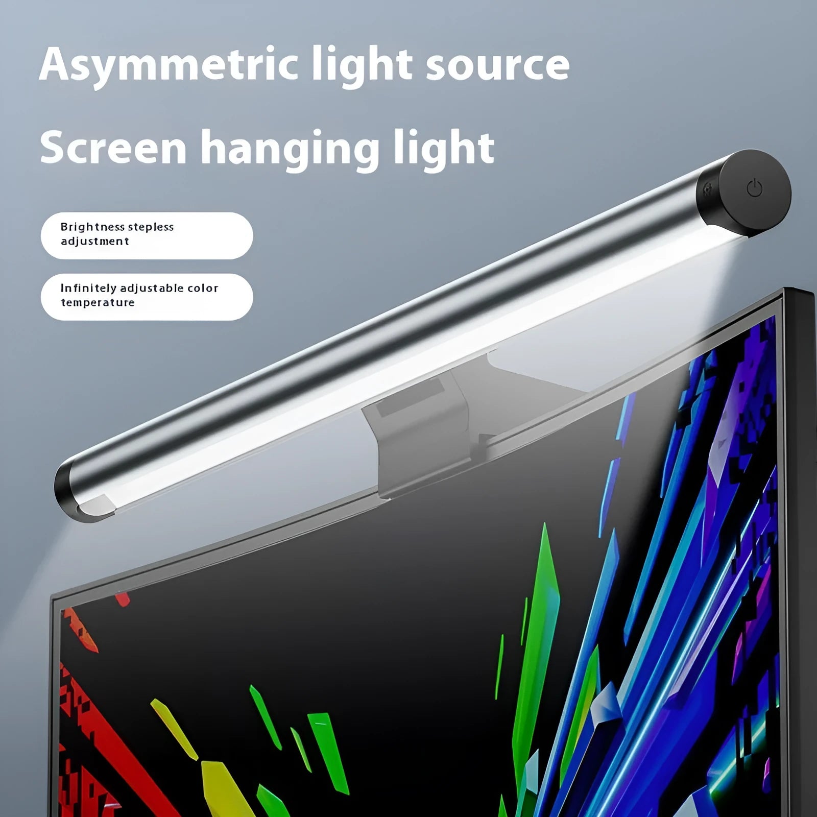 Asymmetric anti blue light screen hanging light clipped on a computer monitor with wireless control