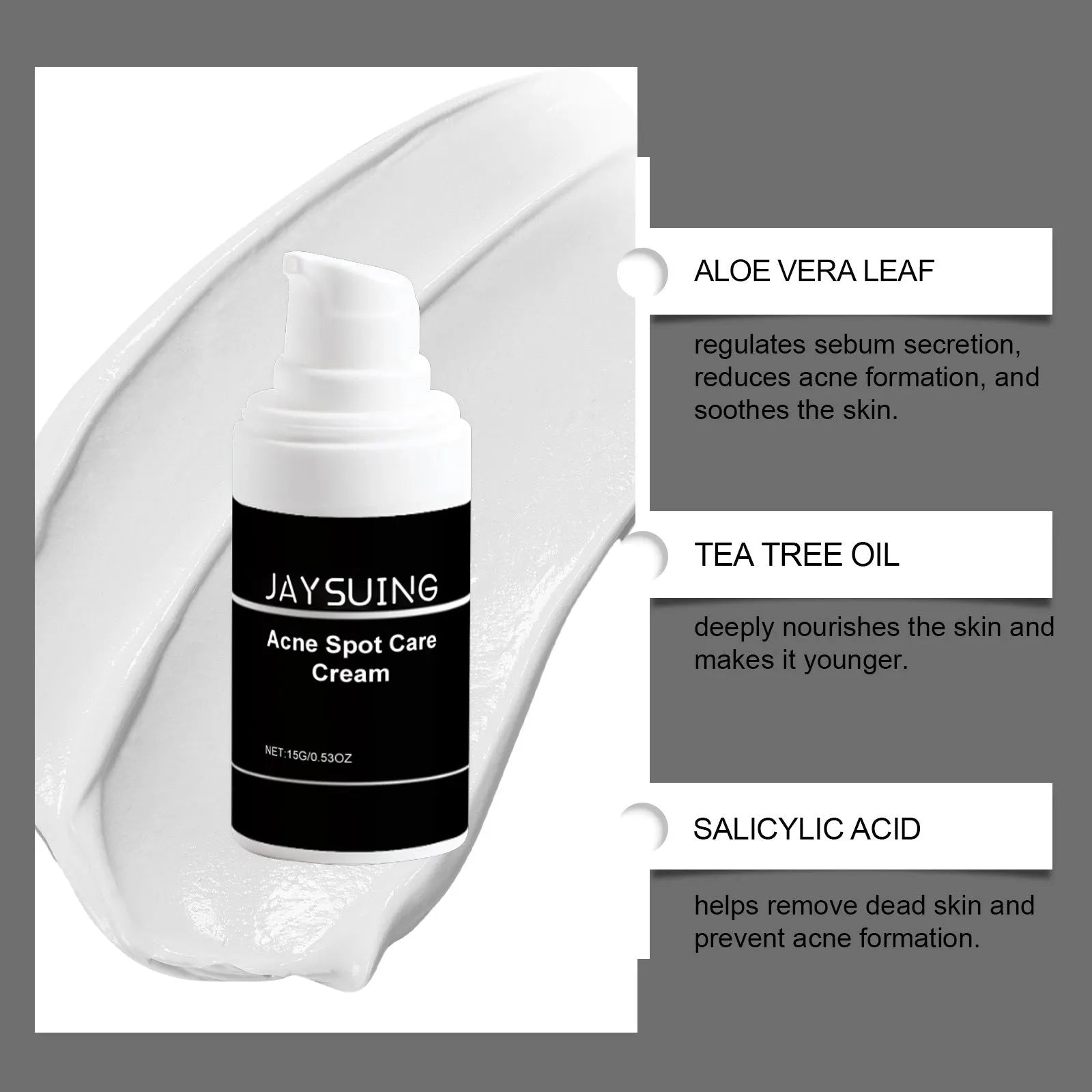 15g jar of hydrating acne cream with tea tree oil and aloe vera for facial blemish treatment