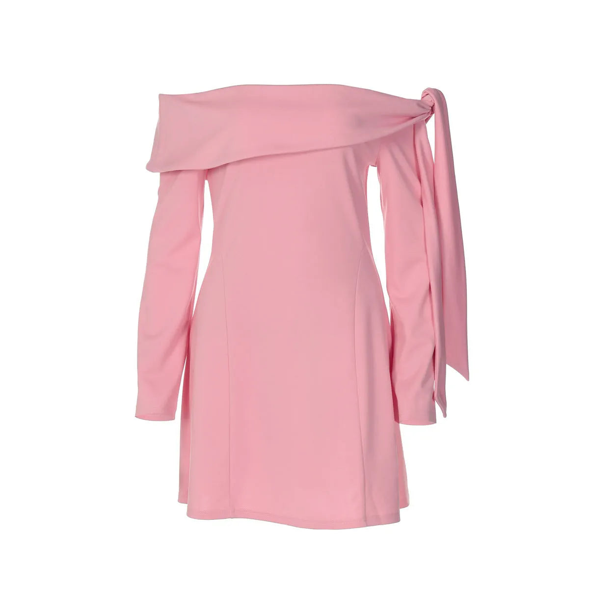 Off-shoulder slim-fit long-sleeved dress in pink with polyester fabric and short skirt length