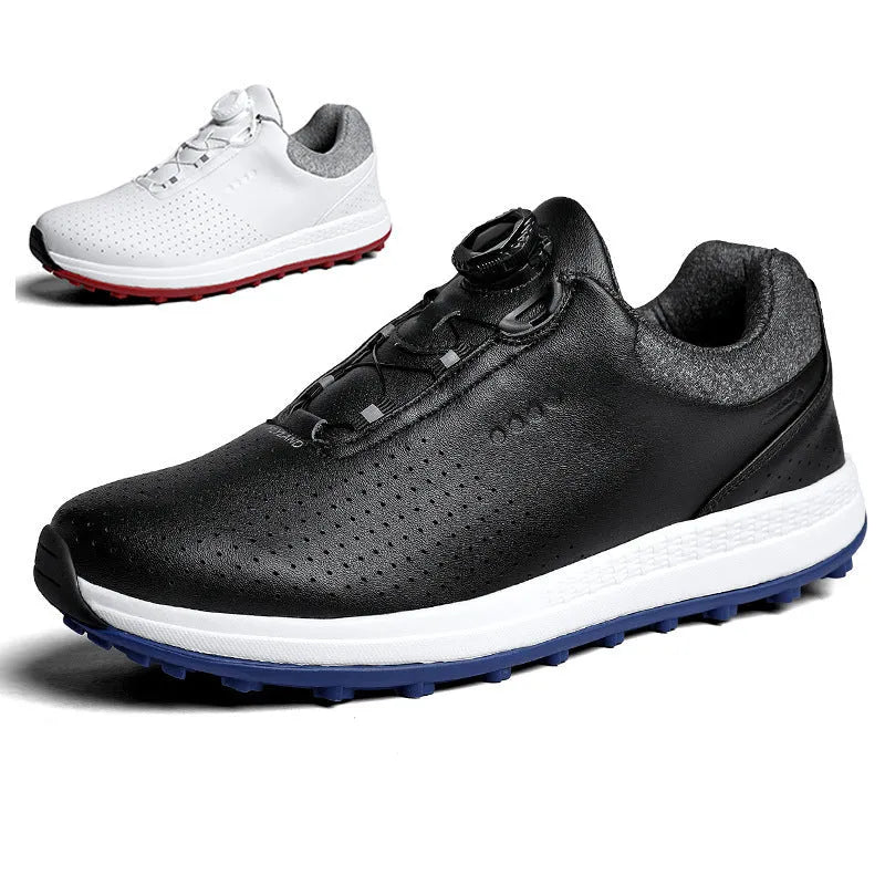 Men's white and black casual low-top golf shoes with breathable hollow-out design and non-slip sole.