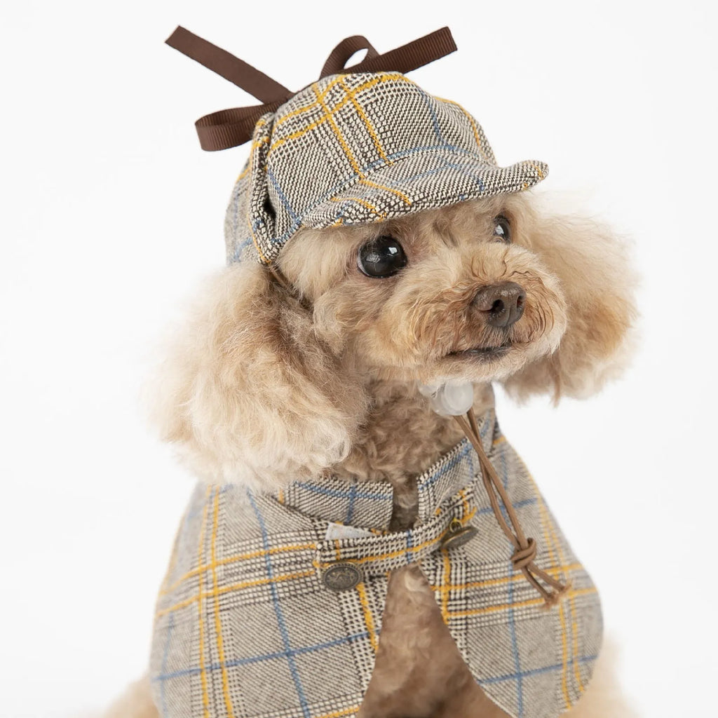 Camel-coloured detective suit style cotton cloak for a small dog with an adjustable hat.