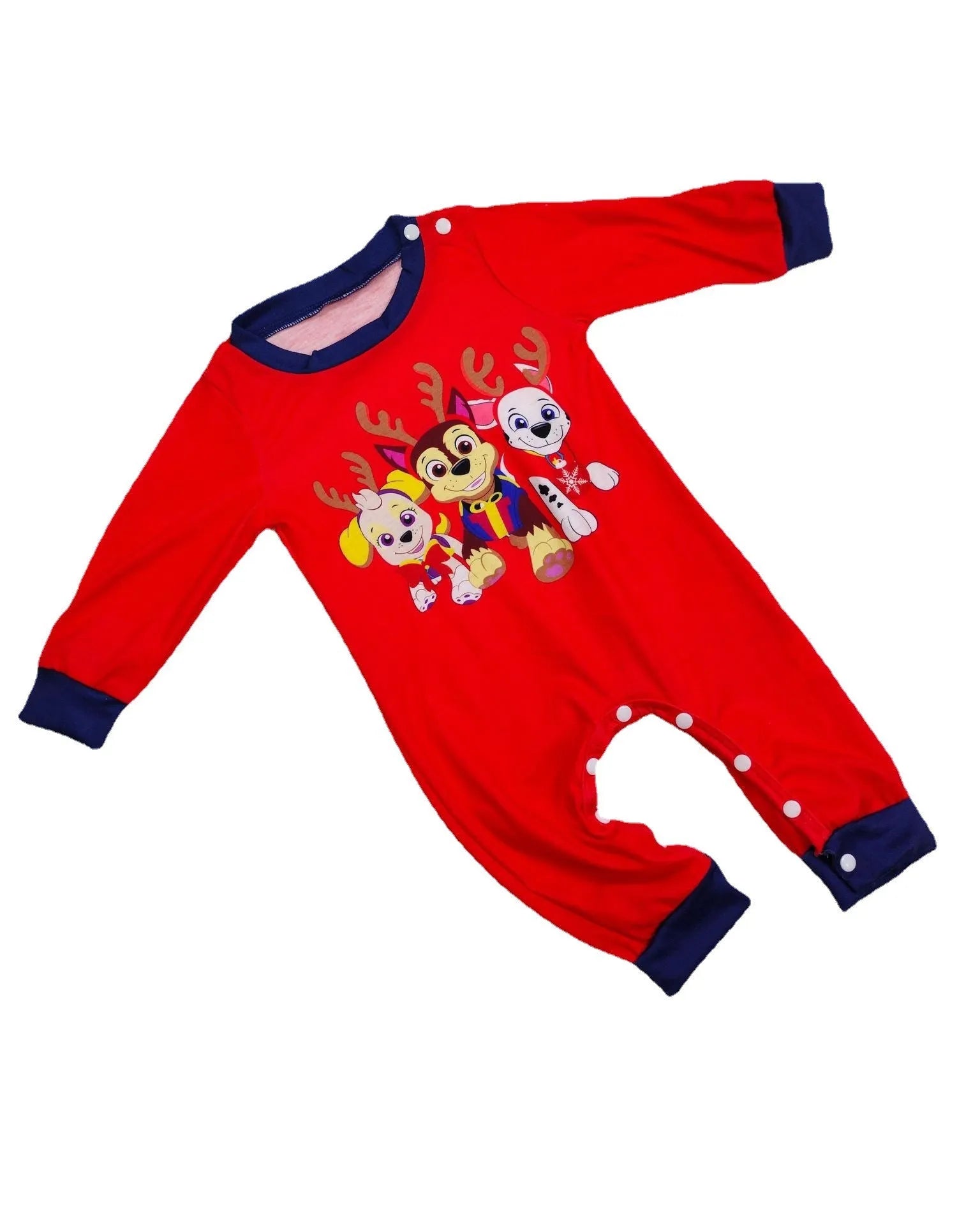 Red plaid Christmas pyjamas with deer print for matching family wear including adult, child, baby, and dog sizes