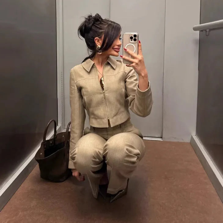 Women's herringbone pattern casual suit set with long sleeve jacket and straight-leg trousers