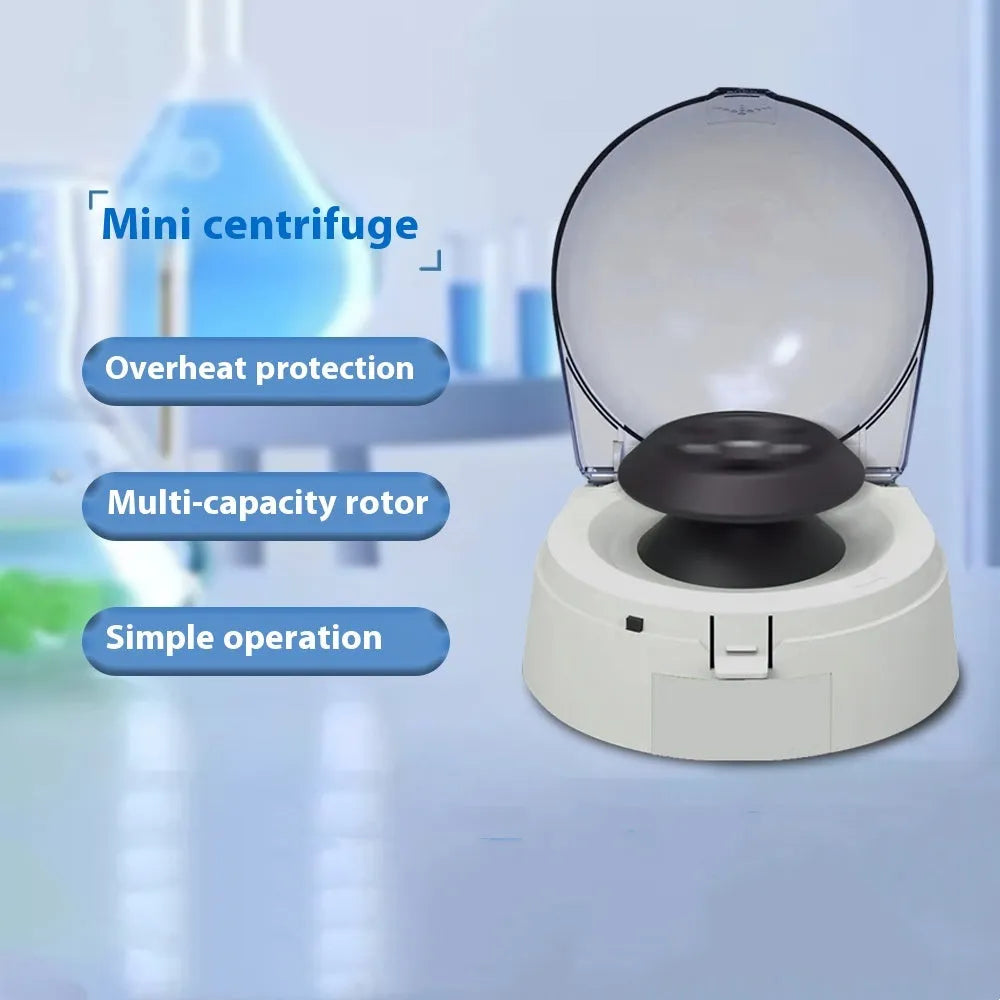 Mini laboratory centrifuge with compact benchtop design measuring 157 by 170 by 120 millimeters