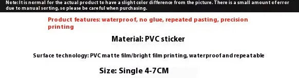 Pack of fresh candy-coloured decorative stickers with small object designs, scale showing 4-7 cm size.