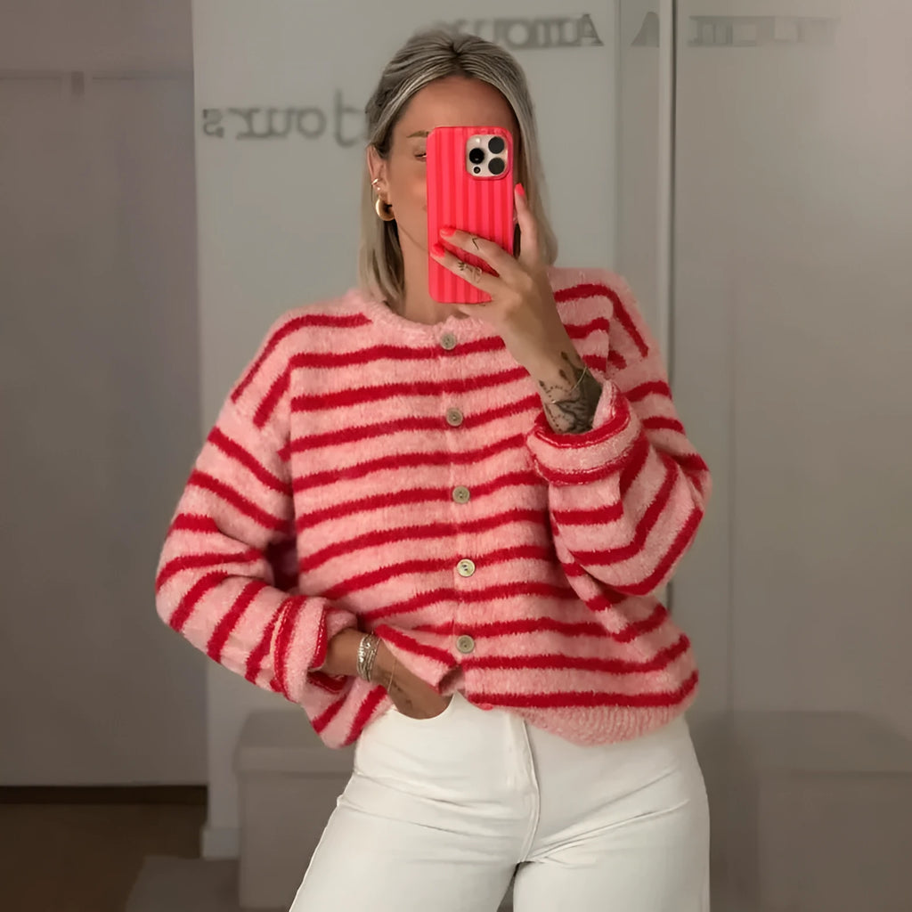 Women's long sleeve striped colour block cardigan in pink, white and black colours, cotton polyester fabric