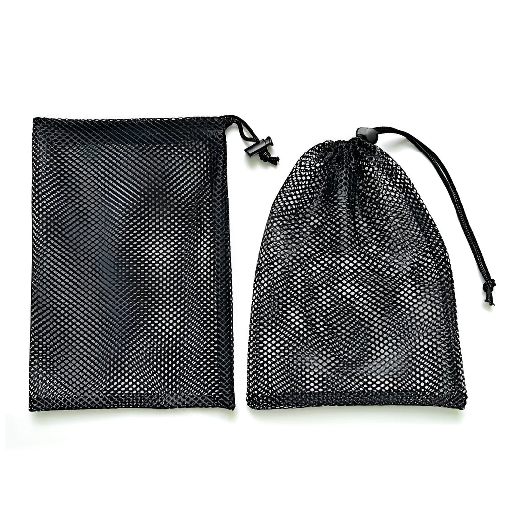 Black mesh drawstring storage bag with a 5mm grid, shown in three available sizes for children's water toys.