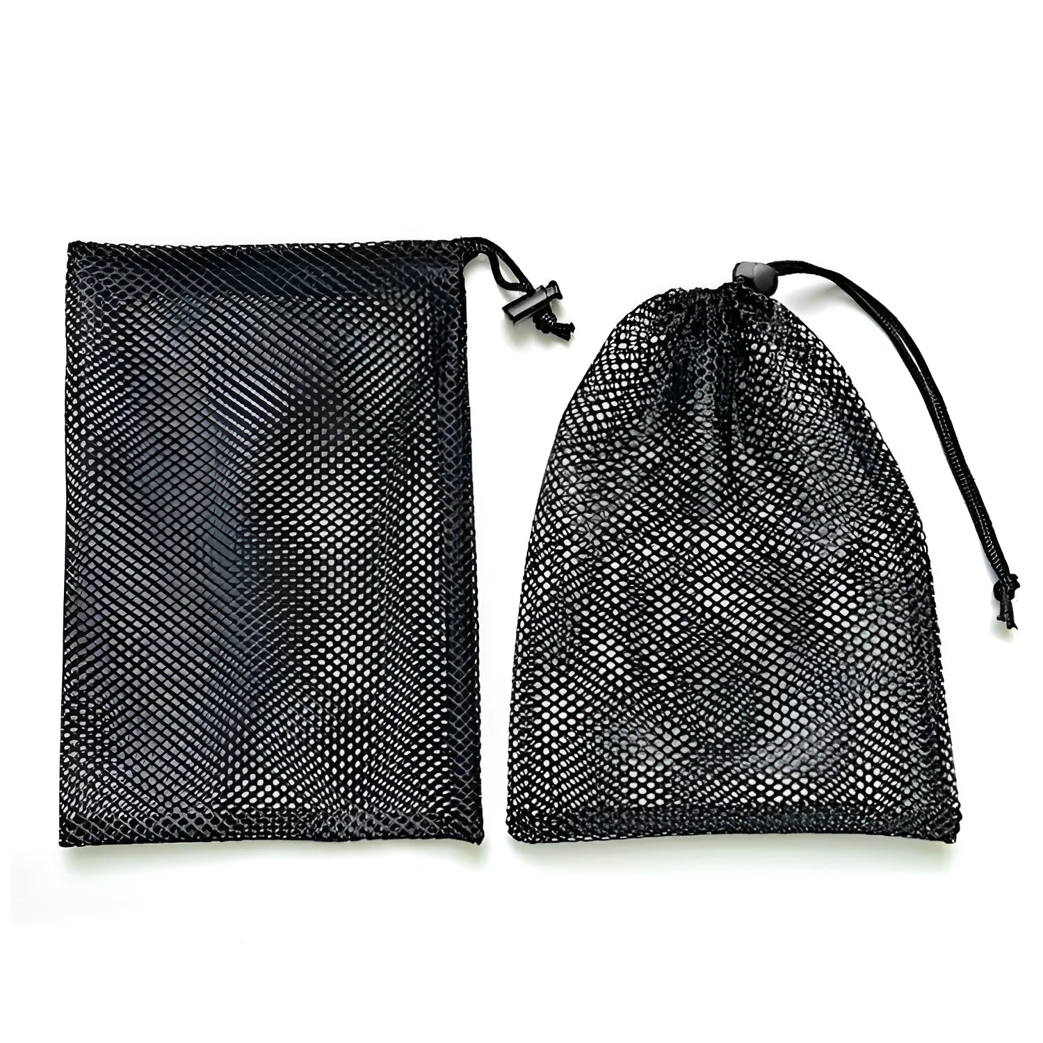 Black mesh drawstring storage bag with a 5mm grid, shown in three available sizes for children's water toys.