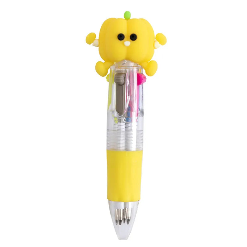 Cartoon press colour ballpoint pen with silicone grip showing four-colour mechanism and 0.7mm bullet tip