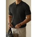 Man's short-sleeve business top in khaki, black, or white, featuring a mixed fabric blend for office wear.