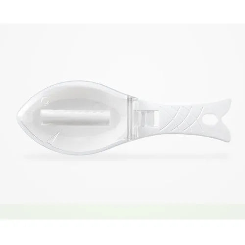 Fish-shaped scale scraper kitchen tool in white green or blue with cover and hanging hole