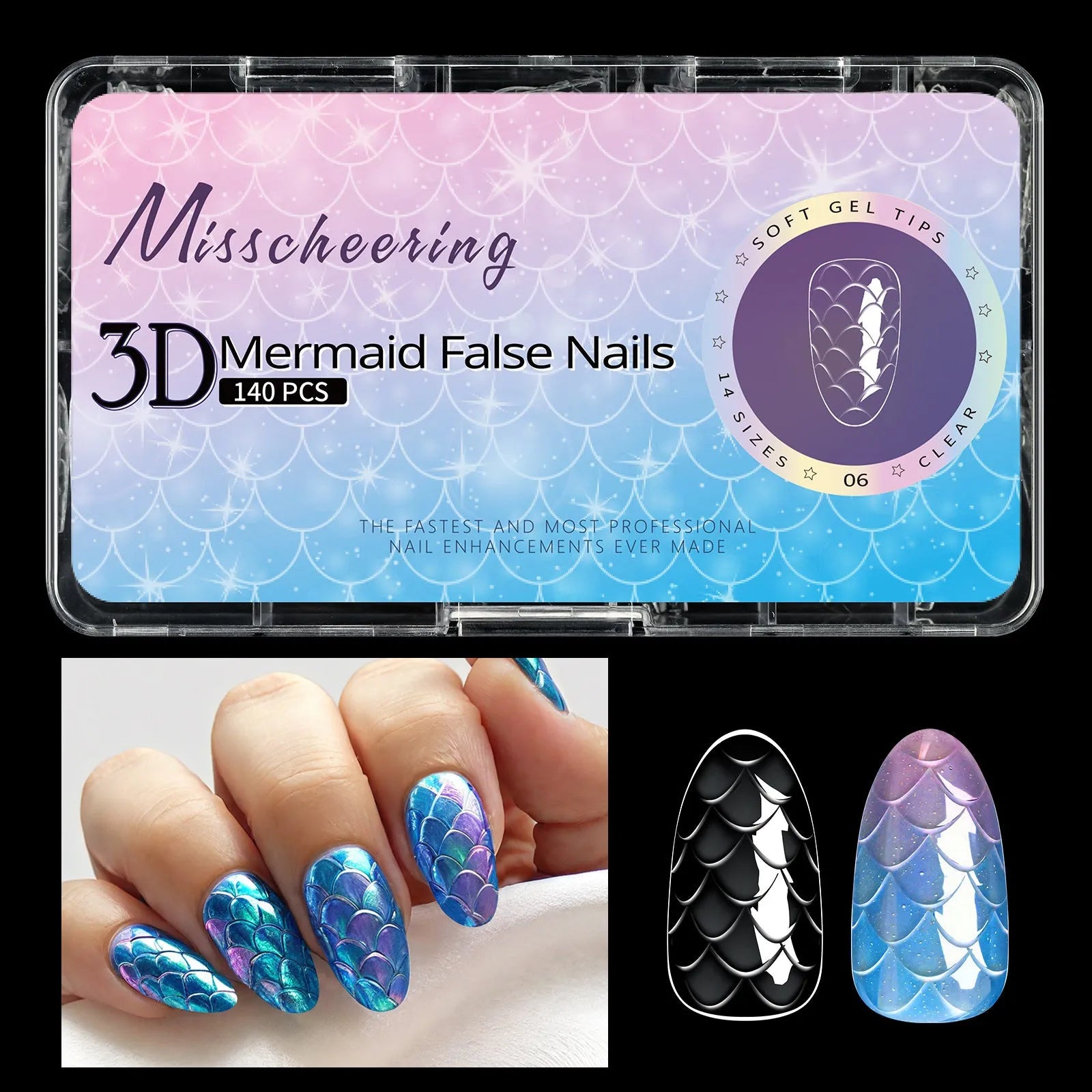 Box of 3D scale long shaping artificial nail tips for stiletto and coffin nail art designs.