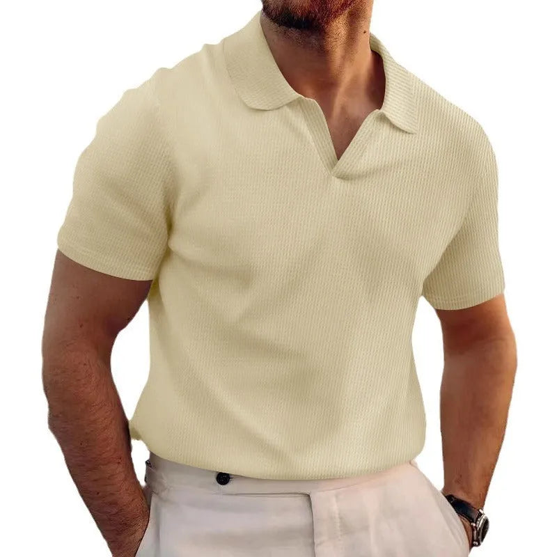 Men's slim fit t-shirt with textured waffle lapels in solid colour.