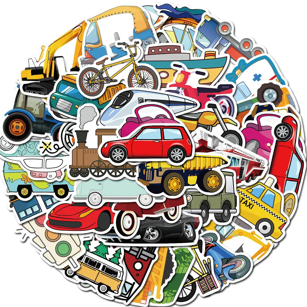 Colourful cartoon car and excavator graffiti stickers on a white background, 4x6cm each
